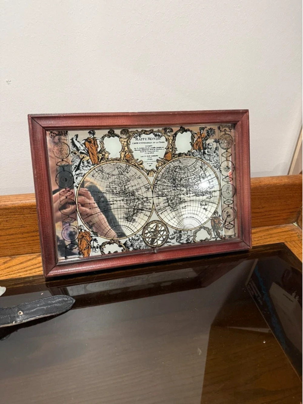 Vintage Mappe Monde Mirrored World Map 13x9 Framed Wall Decor